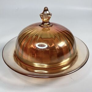 Imperial Carnival Glass Butter Dish Marigold Ribbed Pattern Dome Lid Vtg 7"
